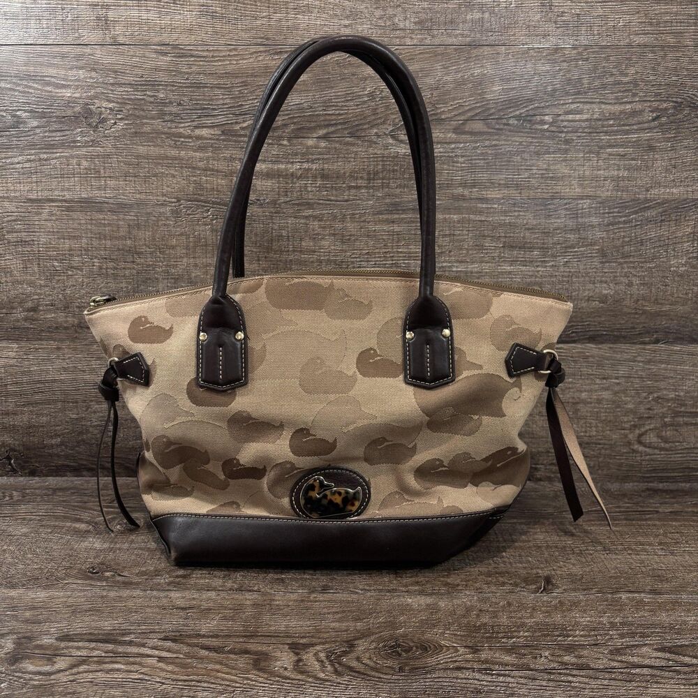Dooney & Bourke Tote Bag Women's Large Beige Duck Pattern Canvas Leather Purse